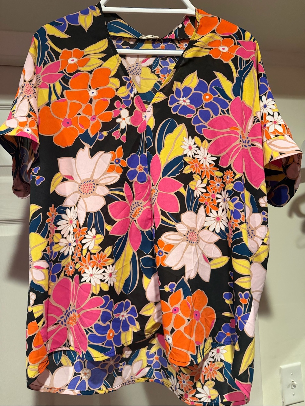 JODIFL Black Floral V-Neck Blouse with Pink Orange Yellow Blue Flowers